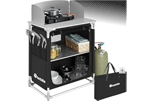 TecTake® Meuble de Rangement Cuisine de Camping Pliable en Aluminium, avec Étagères, Plan de Travail, Pieds réglables, Sac de Transport Inclus, Stockage pour Vaisselle, Accessoires Cuisine, Aliments