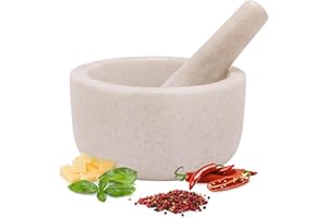 H&S Mortier Pilon Cuisine - Accessoire Cuisine en Marbre de 18 cm de Diamètre pour Broyage des Épices Guacamole Pesto Noix Mojito - Mortier et Pilon Concasseur a Grain Blanc