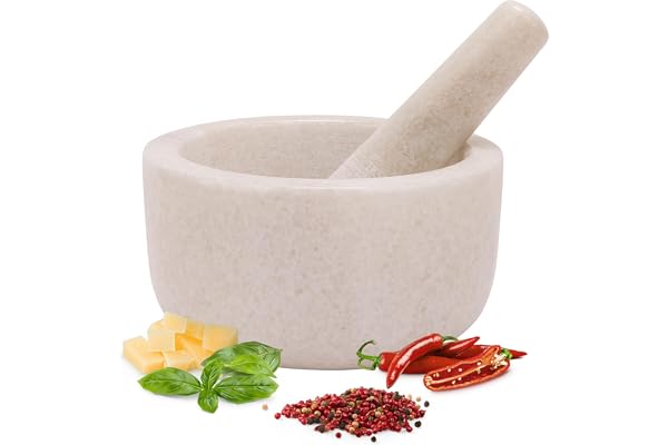 H&S Mortier Pilon Cuisine - Accessoire Cuisine en Marbre de 18 cm de Diamètre pour Broyage des Épices Guacamole Pesto Noix Mojito - Mortier et Pilon Concasseur a Grain Blanc