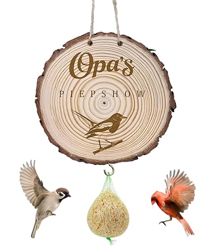 LHOEST 6 Stück Geschenke Für Bester Opa, Opa Garten Geschenk Geburtstag Aus Holz, Doppelseitiges Muster, Meisenknödelhalter Mit 5 Netzbeutel, Vogelfutterhaus Wildvögel, Opas Piepshow Aufhängen