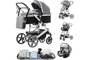 Zkiprm Passeggino 3 in 1, passeggino e seggiolino auto combinato, con manico regolabile in altezza, con zanzariera, carrozzina da viaggio con telaio in alluminio, per neonati da 0 a 4 anni, grigio