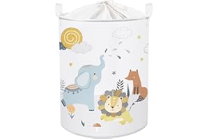 Clastyle 63L Paniere a Linge Sale pour Enfant Éléphants Lion Animal de la Forêt Blanc Panier Rangement Grand pour Garçons Fille pour Jouets Vêtements, 40x50 cm