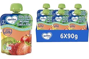Mellin, Pouch Merenda 100% Fragola e Kiwi con Carota e Vitamina C - 6 Confezioni da 90 gr