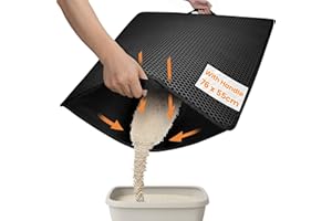 Conlun Alfombrilla para Arenero de Gatos con Asas, XXL 76x55 cm Doble Capa Antiorina - Panal Atrapa Granulos, Antideslizante y Fácil Limpieza (Negro)