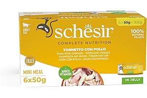 Schesir, Atún y Pollo en Gelatina, Alimento Húmedo para Gatos Adultos, en Lata, Filetes 100% Naturales, 6 x 50g
