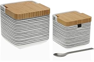 Versa Black Lines Set de Salero y Azucarero de Cerámica y Bambú, con Tapa de Madera y Cuchara de Metal, Medidas (Al x L x An) 11,2 x 11,7 x 11,8 cm, Cerámica y Madera, Color Negro y blanco