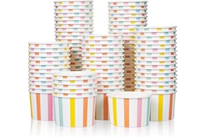 MATICAN Lot de 100 bols à crème glacée en papier et bols à soupe, 266 ml, rayures Sundae, gobelets à goûter en papier chaud/froid, gobelets à crème glacée, bols à soupe