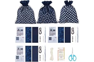INFUNLY 3 Set Sashiko Drawstring Bag Kit DIY Sashiko Embroidery Bag Kit with Printed Fabric Sewing Handbag Kit Embroidery Starter Kit Needlepoint Sewing Bag Kit with Instruction for Beginner Adults