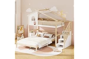 KUAKE Letto a castello per bambini, 90 x 200 cm+140 x 200 cm, letto a soppalco con listello usd scala, bianco e naturale
