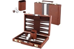 LUQIXCEY Backgammon Set 2 players, Classic Board Games with Leather Case, Portable Travel Backgammon Game Sets for Adults and Kids, Travel Board Games, Grey (11 inch, Brown)