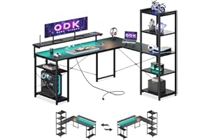 ODK Escritorio, Escritorio en L con con Estanteria, Escritorio Soporte de Monitor Largo (Black, 155×140 cm con LED & enchufes estándar)