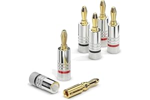 ETEC Fiches banane, adaptées aux câbles d'enceintes jusqu'à 6 mm² de section, fiches droites avec codage couleur (2x rouge, 2x noir), jeu de 4, plaquées or 24 carats