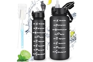 AOHAN 2 x butelka na wodę 2 l + 750 ml, motywacyjna butelka na wodę bez BPA, sportowa butelka na wodę ze znacznikami czasu, szczelna butelka do picia do szkoły, biura, wędrówek, fitnessu (czarna)