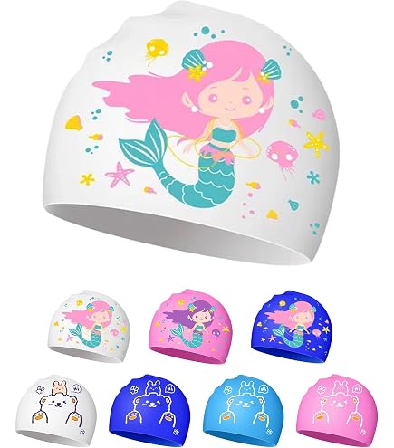 KXF - Cuffia da nuoto per bambini, impermeabile, in poliuretano, per la cura delle orecchie, elastica, con rivestimento con motivo a cartoni animati, per bambini e bambine dai 6 ai 10 anni
