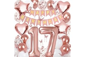 NELOTAOR 17th Birthday Decorations for Girls, Rose Gold 40 Inch Number 17 Foil Birthday Balloons with Happy Birthday Banner and Butterfly Stickers