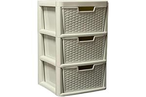 ALEEZ - Large Plastic Drawer Storage Unit - Rattan Effect 3 Drawer Cabinet - Multipurpose Storage Organiser - Office, Tabletop Desktop Drawer - Bedroom Chest Drawer Unit - (Cream, 3 Drawer)
