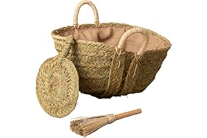 CESTERIA APARICI Cestería Aparici - PACK Capazo de Esparto GRANDE FORRADO + Kit Escobilla y Aventador. Cesto Artesanal Anti-Suciedad para Chimenea y Almacenaje Decorativo. PACK (Ref. 7110F-2)