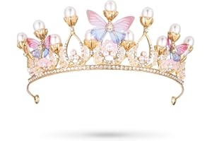 VOMONO Crystal Tiara Pearl Headband Princess Costume Crown Headband, Butterfly Tiara Crown Handmade Hair Accessories Costume Party Gift for Girls 5-16 Years