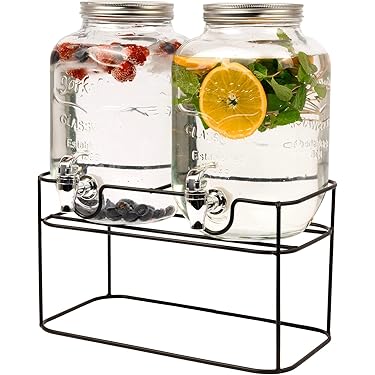 Glazen drankdispenser met deksel, drankdispenser met standaard en 304 roestvrijstalen tapkraan, waterdispenser, glazen container voor koude dranken, ijssap, water enz Glazen drankdispenser met deksel, drankdispenser met standaard en 304 roestvrijstalen tapkraan, waterdispenser, glazen container voor koude dranken, ijssap, water enz