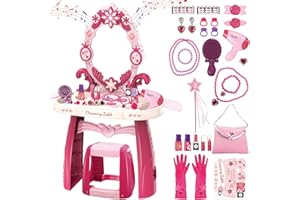 deAO Schminktisch Frisiertisch für Mädchen mit Hocker, Musik & Licht, Princess Schönheitsstudio Frisiersalon Kinderschminke Set, mit Styling-Zubehör Friseur Set für Kinder ab 3 Jahren | Rosa