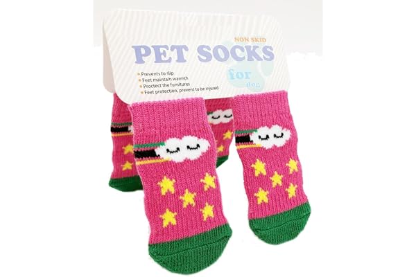 KUTKUT - Anti -Slip New Born Puppy Socks with Cute Pattern Pet Paw Protector Small Puppy Socks with 4 Pieces Adjustable Straps Socks for Small Puppies, Kitten (Size: M, Height 7.5 cm, Width 3.5 cm)