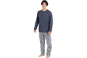 TRAMAS+ Pijama Franela de Hombre con Camiseta Manga Larga y Pantalón, Conjunto de Pijama de Invierno 100% Algodón y Franela para Hombre y Chico -