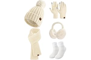 heekpek 5 en 1 Tricotés Ensemble Femme Hiver Bonnet Echarpe Gants d'écran Tactile Doublure Doux Tricoté Chaud Cache Oreilles Chaussettes Thermiques pour l'hiver Ski Sports