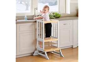 COSYLAND Height Adjustable Nursery Step Stool for Kids with Anti-fall Feet - Wodden Toddler Standing Tower for Kitchen Counter - Mothers' Helper Kids Learning Stool for Bathroom (White & Natural)