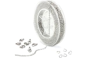 ALEXCRAFT 10 Metre Jewellery Making Chain Stainless Steel Plated Necklace Cable Chain Metal Chain with 50 Jump Rings and 20 Lobster Clasps for Jewellery Making