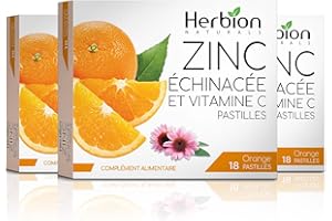 Herbion Naturals Pastillas de Zinc, Equinacea y Vitamina C con Sabor Natural a Naranja, 18 Pastillas, Suplemento Alimenticio, Apoya el Sistema Inmunológico, paquete de 3