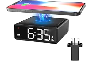 MeesMeek Alarm Clock Wireless Charging - Clear LED Metal Wireless Charger Clock with 3 Brightness 12/24H Snooze for Bedside Bedroom Office, Compatible with All Qi-Certified iPhone, Samsung, Android