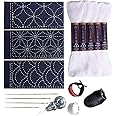 Sashiko kit, Yokota Sashiko Thread, Needles and Template Yume Fukin with Original English Manual, Thimble Sewing Set, Fabric, Japanese Textile (White Thread/Navy Dishcloth)
