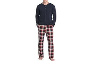 Vlazom Men's Pyjamas Sets Long-Sleeve Pj's Set Soft Loungwear Solid Top and Checked Pant with Pockets S-XXL