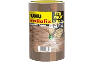 UHU Rollafix - Rubans adhésif d'emballage brun, lot 3 rubans 50m x 50mm