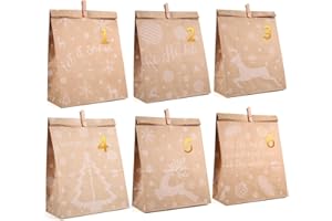ihaspoko Adventskalender zum Befüllen, 24 Stück 6 Stile Weihnachtsdruck Geschenktüten mit Zahlenaufklebern und Clips, DIY Adventskalender Geschenktüten zum Befüllen und Basteln