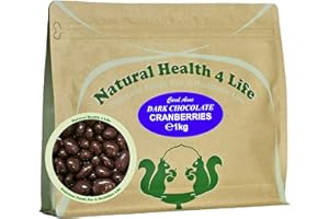 Natural Health 4 Life Carol Anne Confectionery Dark Chocolate Cranberries 1kg, Chocolate Covered Cranberries in Resealable Pouch, ‎2.6g Protein/100g, Vegetarian Snack for Parties, Baking (1 Pouch)