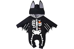 LIKPOJA Newborn Baby Boy Girl My 1st Halloween Bat With the Skeleton Outfits Unisex Baby One-piece Skull Sleepwear Bat Romper with Hat for 0-24 Months Infant
