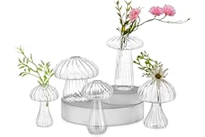 Hewory Mushroom Bud Vase Clear Glass Vases for Flowers, Set of 5 Mushroom Shaped Flower Vase Small Vases for Table Decoration, Propagation Station Glass Vase for Room Decor Home Bedroom Living Room