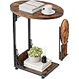 Mutool C Shaped Side Table, Foldable Round Sofa Table with Metal Frame, Small Coffee Table for Living Room Bedroom Office, Rustic Brown & Black