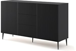 BIM Furniture Kommode Ravenna B 2D3S 150 cm mit gefräster Front Hochwertiges MDF, Sideboard, Buffet auf Schwarze Metallstiftbeinen, 2 Schränke, 3 Schubladen (Schwarz Matt)