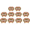 Handicrafts Paradise Marble Octagonal Puja Chowki Painted with Peacock Design-Set of 10 Pieces