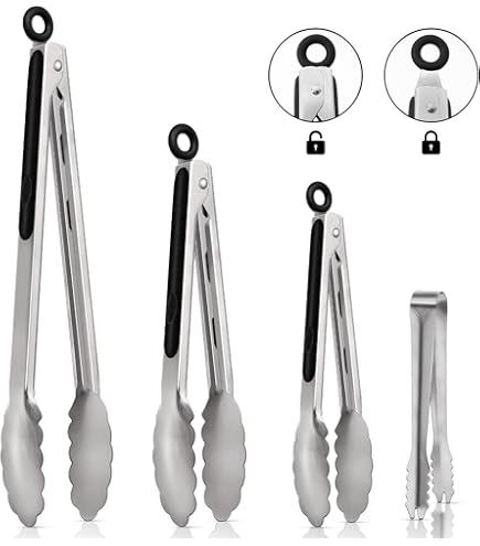 HiramWare Keukentang Set van 5,1 - 22,9 cm & 12 inch - RVS voedseltang met siliconen tips - Premium vergrendeling antiaanbaktang voor koken, BBQ, grillen, salade - Heavy Duty, BPA vrij (groen