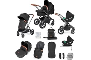 Ickle Bubba Stomp Luxe 12pc Travel System with i-Size Cirrus Car Seat & ISOFIX Base – All-Terrain Pram, Reversible Seat, Carrycot, UPF 50+ Hood, Rain Cover & Accessories (Black/Midnight/Tan)