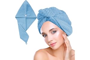 OLICKY Haarturban, Turban Handtuch mit Knopf, Mikrofaser Handtuch für Kopf und Lange Haare (Blau)