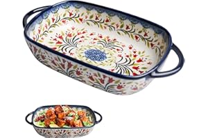 LEIKURVO Petit plat à gratin en céramique - Rectangulaire - Avec poignée - Pour 1 personne - Style vintage - En porcelaine - Petit four pour lasagnes, tiramisu, 23,5 x 13 x 5 cm