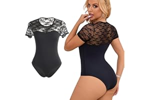ohyeahlady Talla Grande Bodies Mujer Vestir con Encaje Elástico Bodysuit Ajustado Manga Corta Body Elegante Fiesta Bodycon Tops Casual Monos Lencería Curvy Ropa Interior Lingerie
