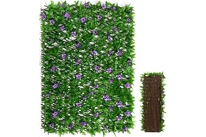 Valla artificial con flores, CAASFOOY decoración de hojas de hiedra, paneles de celosía expandibles para jardín, valla de privacidad expandible, setos artificiales