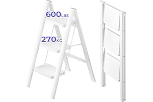 ‎JOISCOPE JOISCOPE Trittleiter, Leiter, Trittleiter 3 Stufen Klappbar,rutschfeste Gummimatten, Verbreiterten rutschfest Stufe, bis 270KG Belastbar, aus Stahl, Stufenleiter für Haushalt, Büro, Weiß