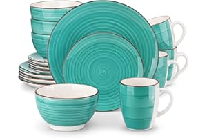 vancasso Bella Dinner Set for 4, Stoneware Plate Bowl Set Handpainted Tableware, 16 Piece Green Dinner Service with Dinner Plate/Dessert Plate/Cereal Bowl/Mug, Rustic Chic Style