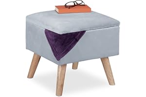 Relaxdays Taburete de Terciopelo con Sitio de Almacenaje, Acolchado, Cuadrado, Patas Madera, 40x40x40 cm, Gris Claro